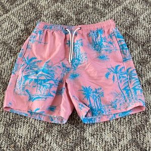 Pink and blue palm trees, swim shorts for men